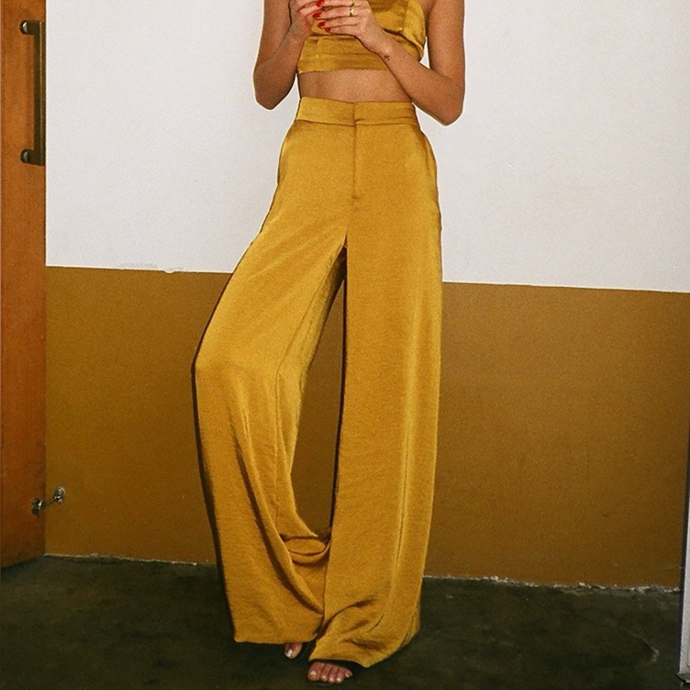 LE RUMI Chic Mustard Yellow Gold Wide-Leg Trousers Classy Women’s Pants